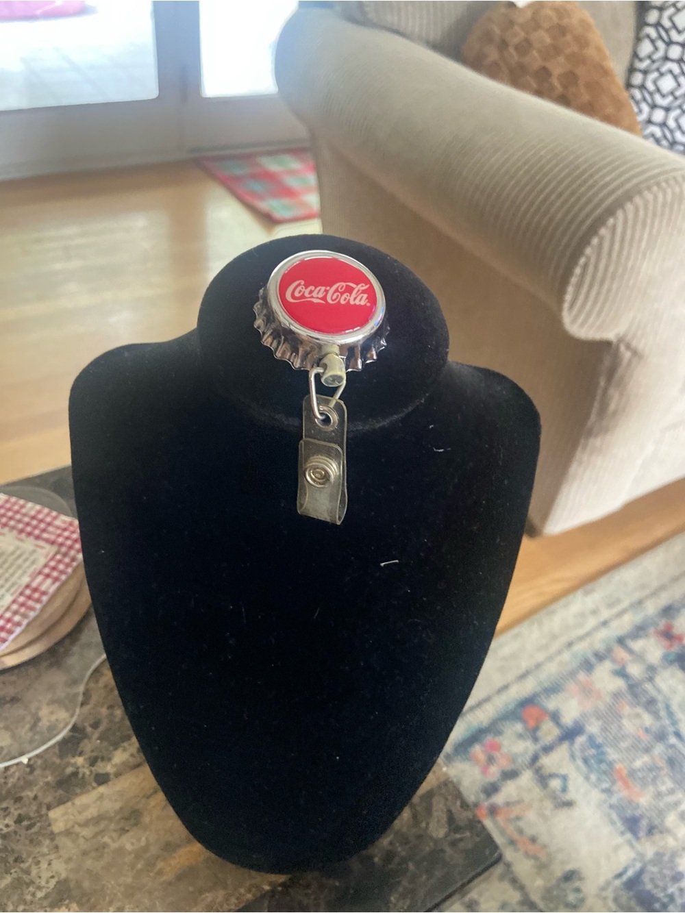 Coca Cola Red Bottle Cap Badge Reel with Metal Clip